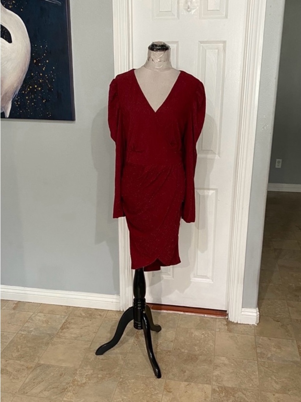 New Women 22W Red cocktail dress features long sleeves with gathered shoulder